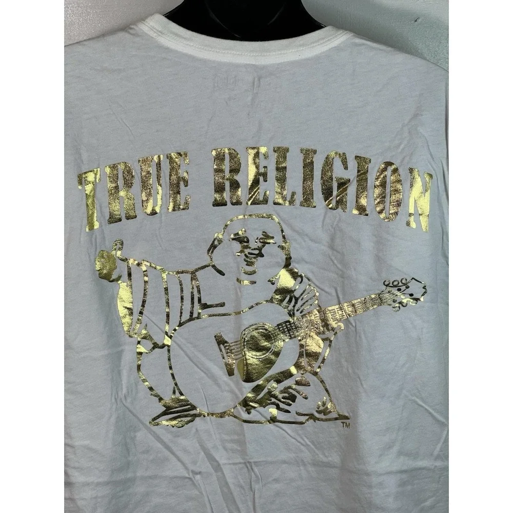 True Religion Men's XXL White Cotton Graphic Tee Buddha Gold Y2K